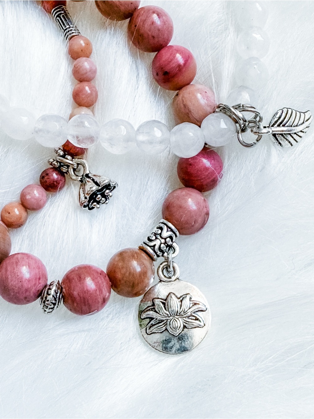 Lotus Rhodonite Charm Bracelet Trio - Crystal Bracelet Layering Set